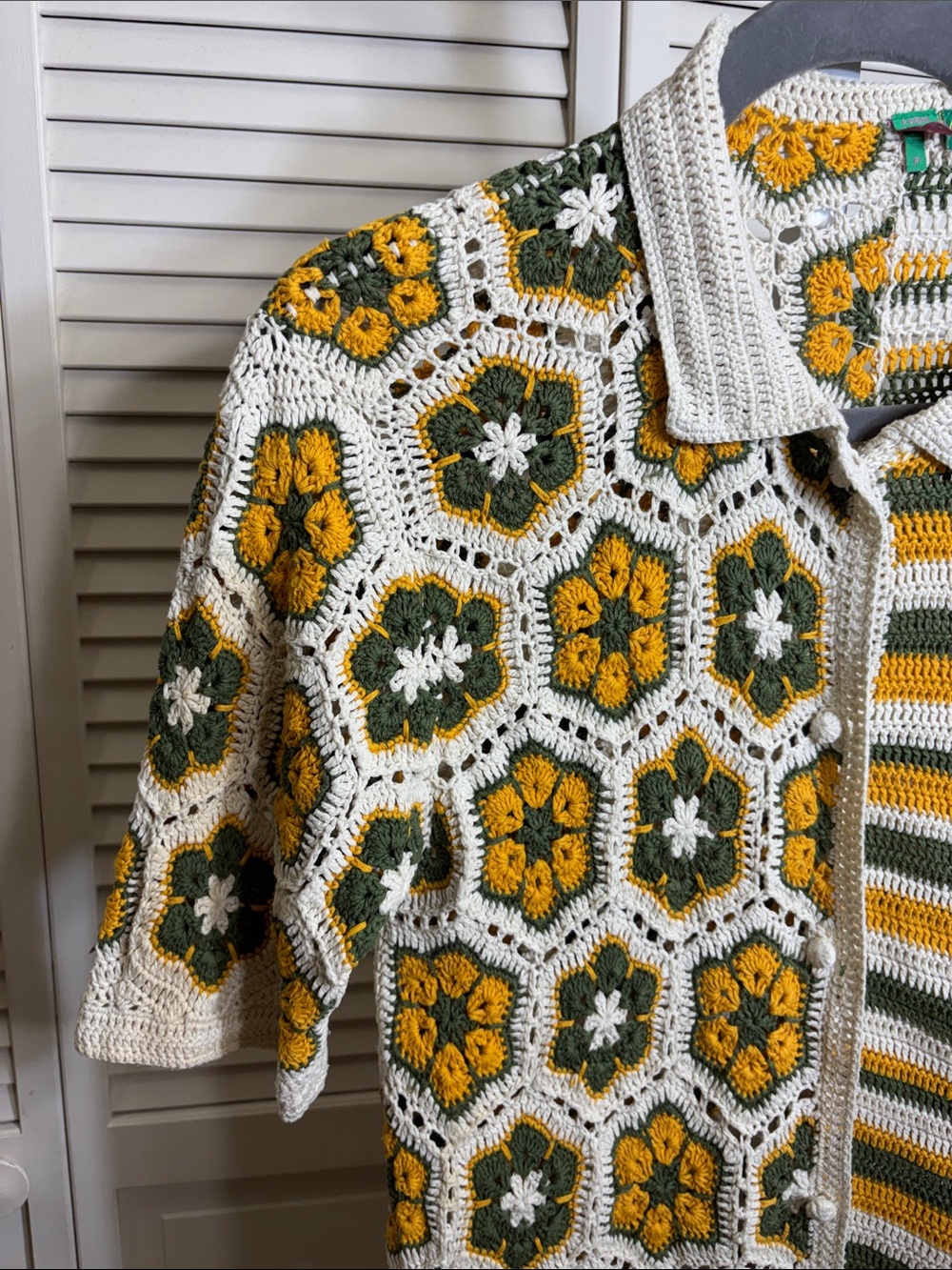 FARM Rio Cream, Mustard & Olive Crochet Button-Up Sweater - Picture 6 of 16